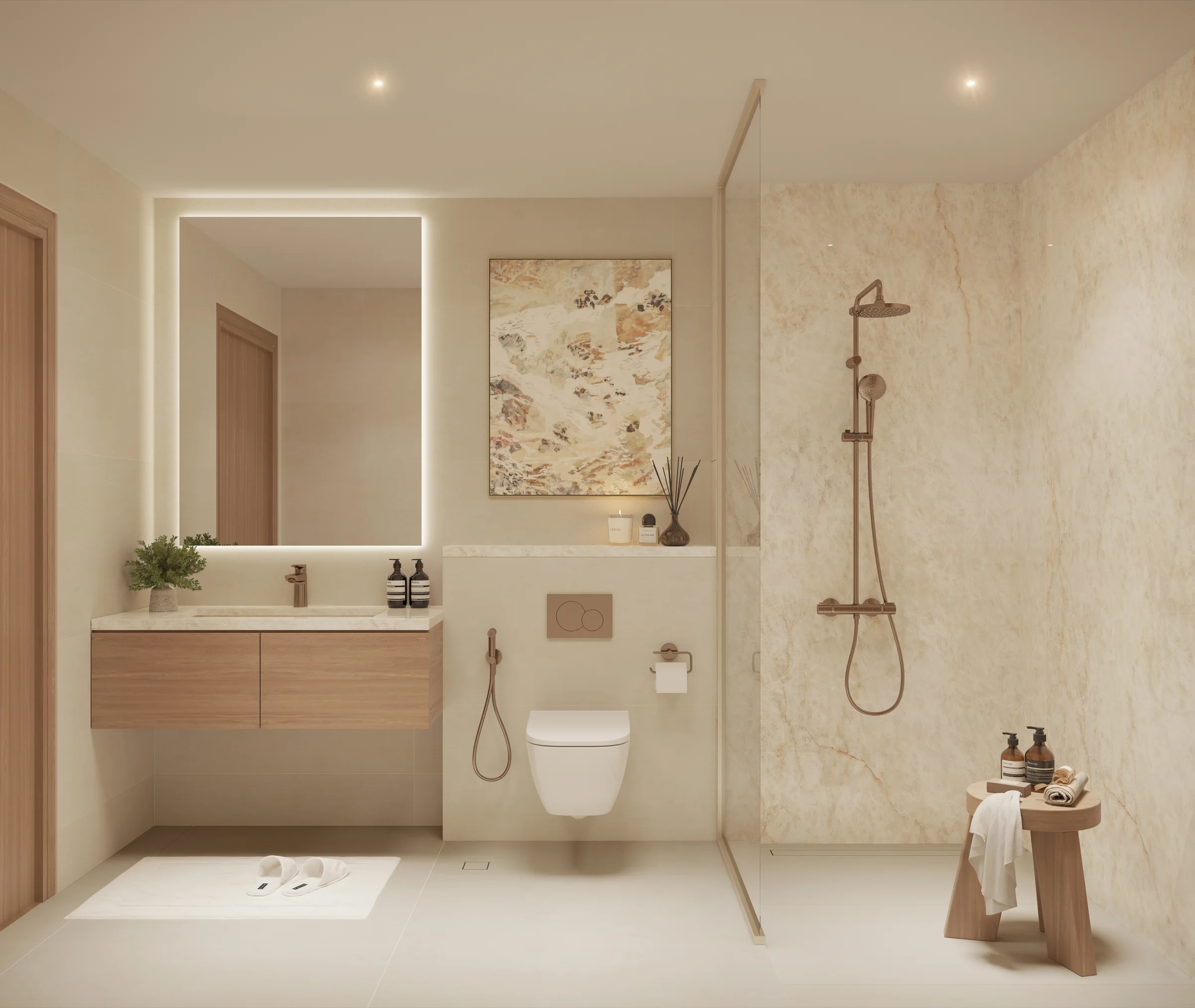Artist impression of a bathroom in the light interior scheme at Al Ghadeer Gardens