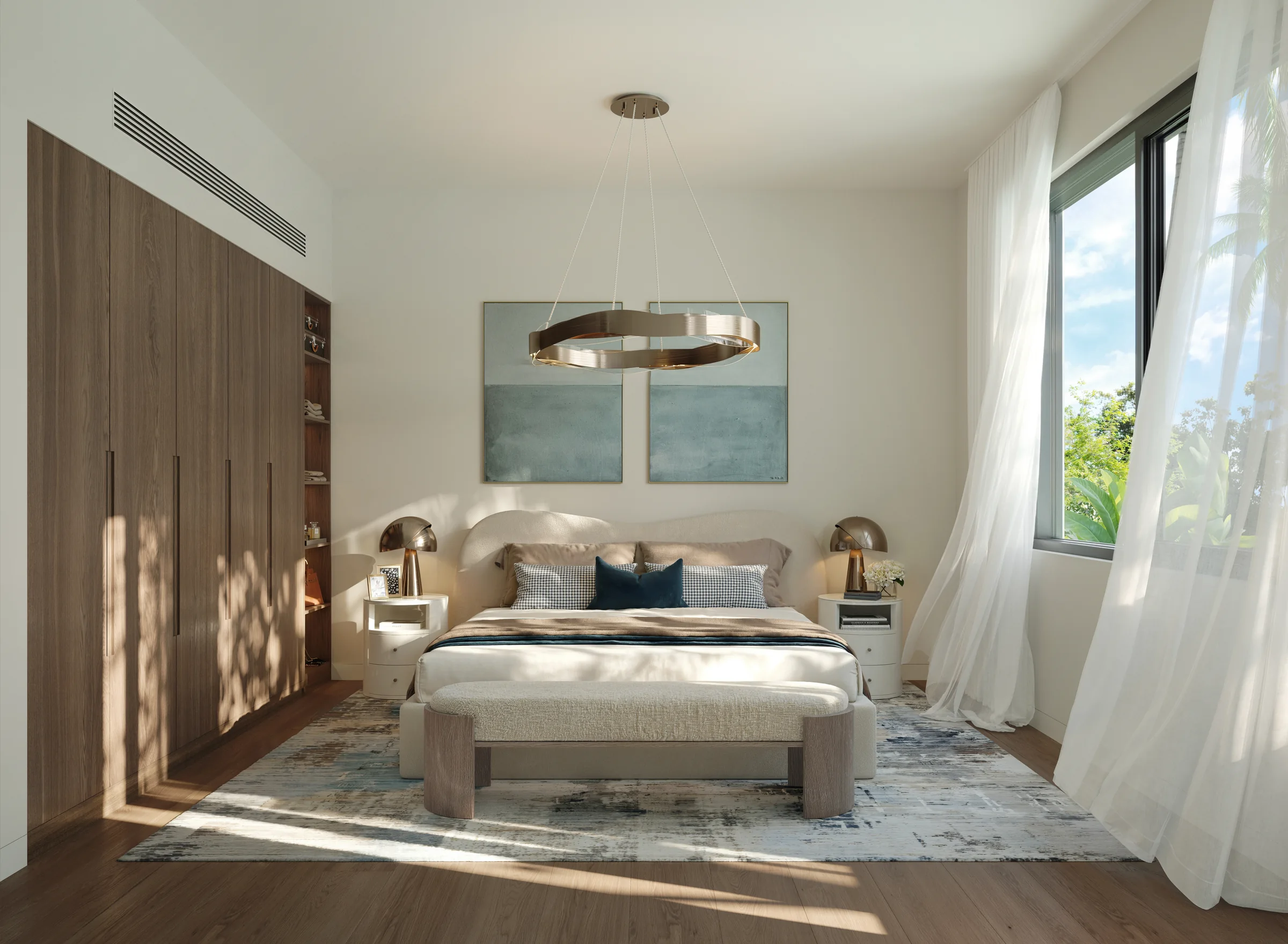 Artist impression of a bedroom in the dark interior scheme at Al Ghadeer Gardens