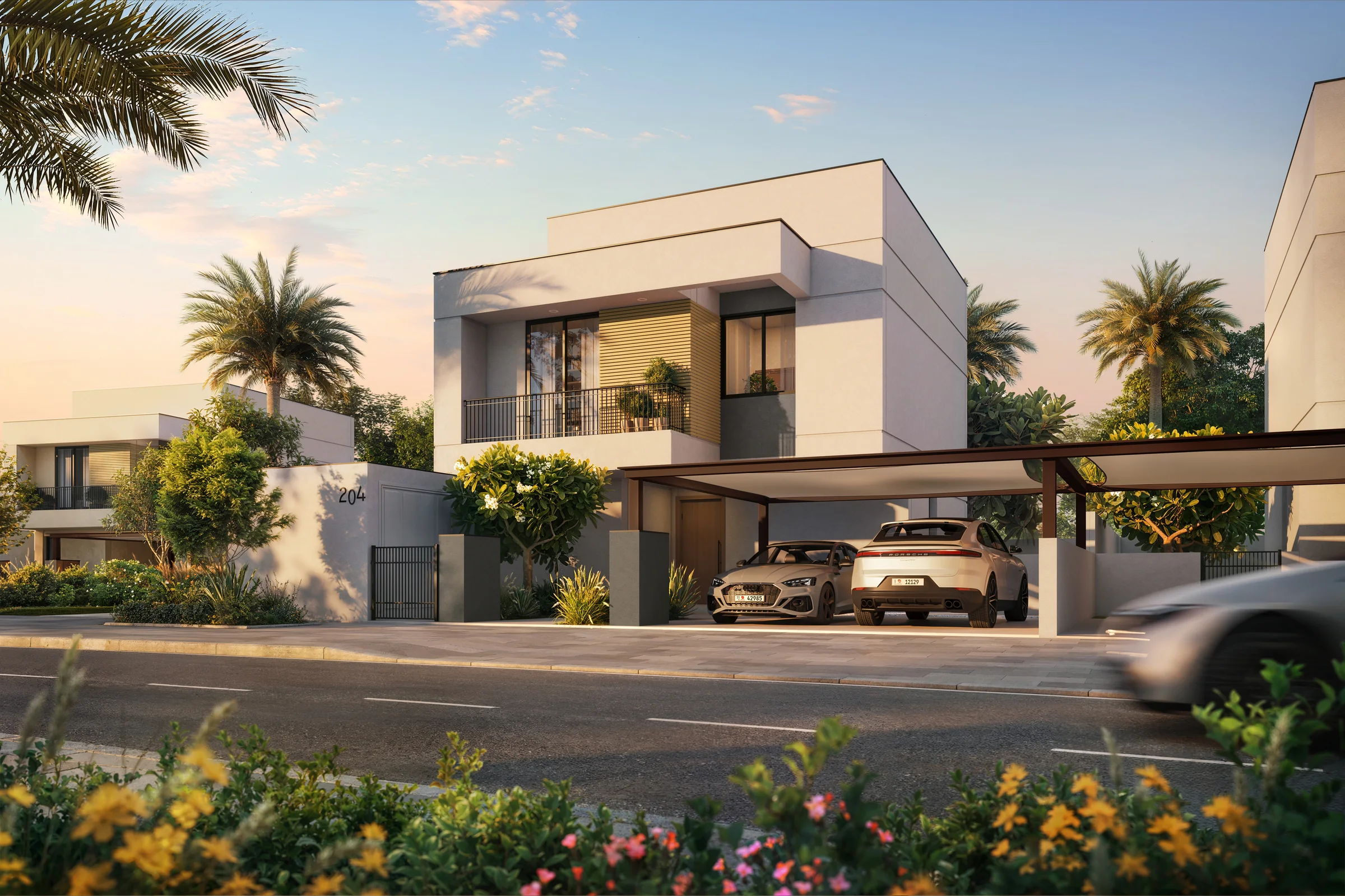Exterior artist impression of a four-bedroom villa at Al Ghadeer Gardens