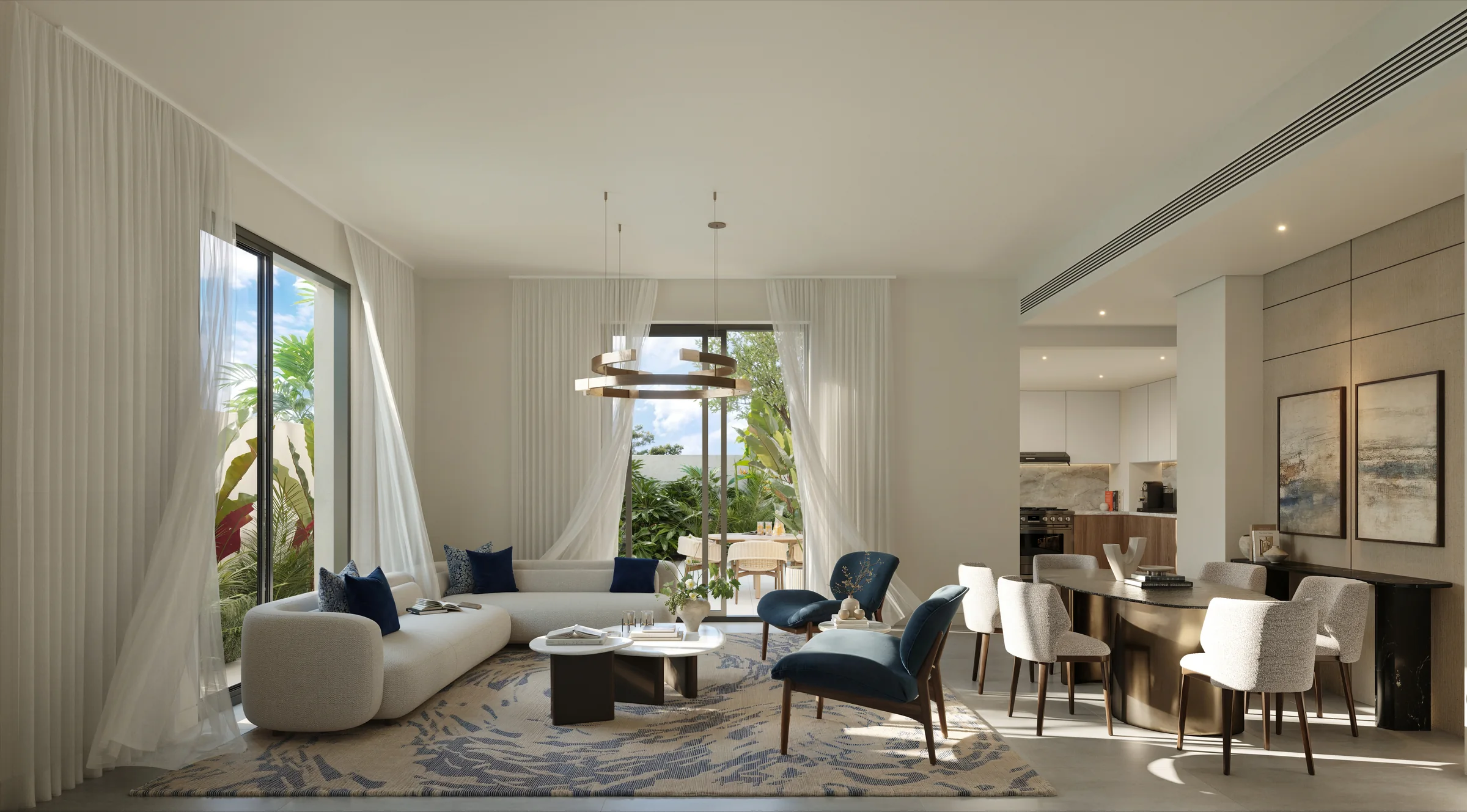 Artist impression of an open-plan living and dining area at Al Ghadeer Gardens