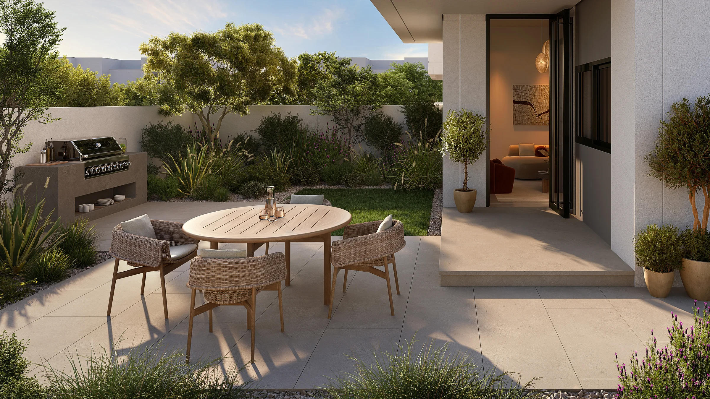 Artist impression of a private garden and barbecue terrace at Al Ghadeer Gardens