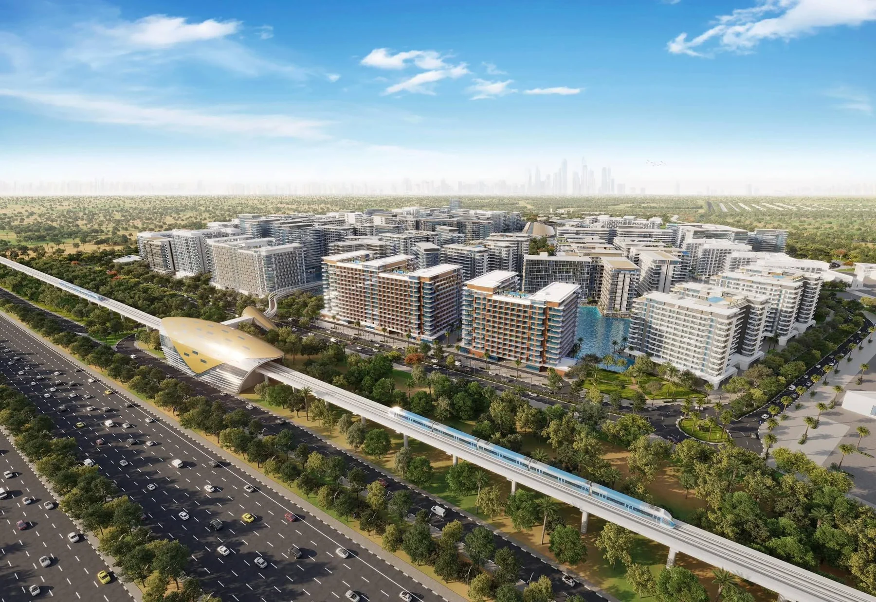 Architectural rendering showing the proposed Azizi Venice masterplan beside transport infrastructure