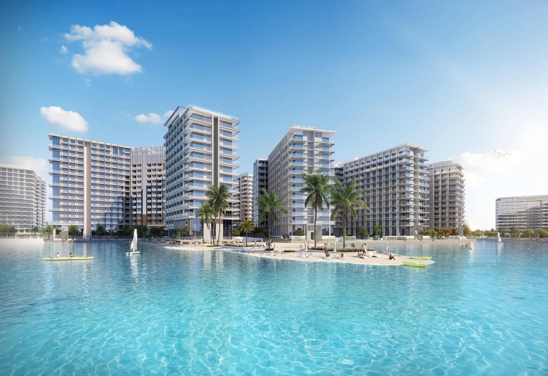 Architectural rendering of planned lagoon-side apartment buildings at Azizi Venice