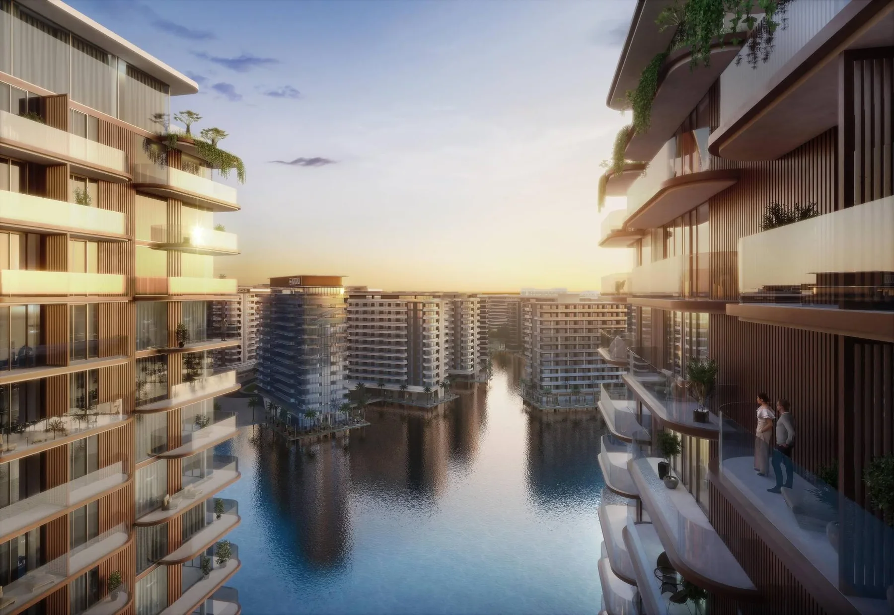 Architectural rendering of a sunset view across the planned Azizi Venice lagoons