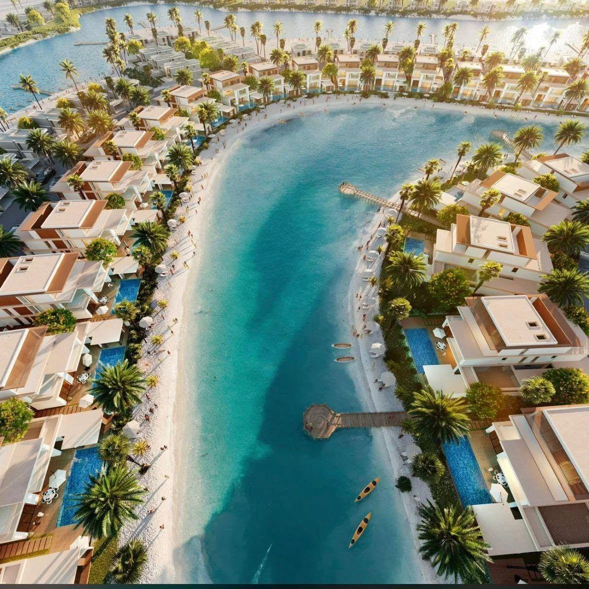 Architectural rendering of planned villas around a lagoon at Azizi Venice