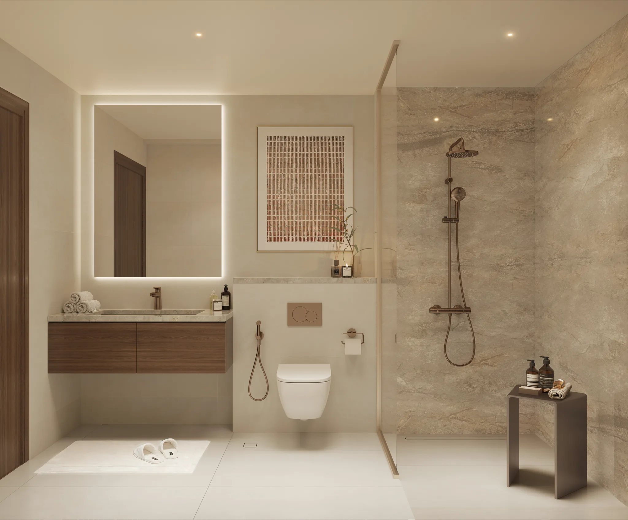 Architectural rendering of a bathroom in the dark interior scheme at The Orchids at Yas Acres