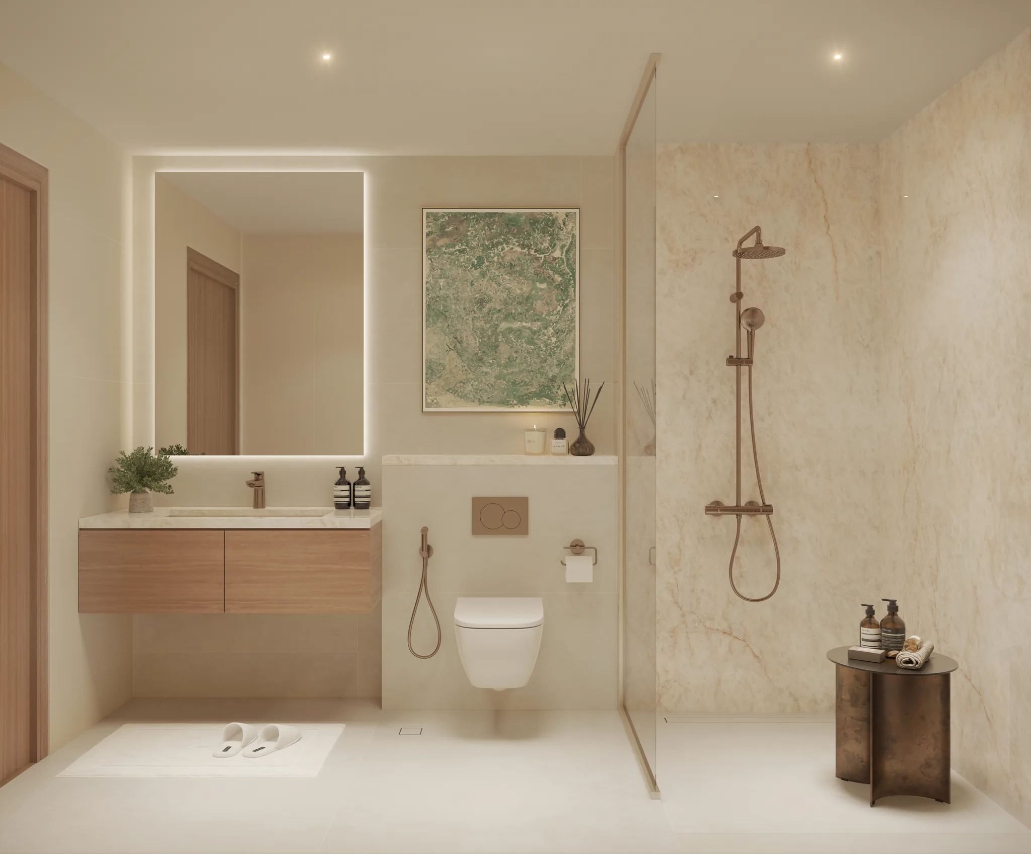 Architectural rendering of a bathroom in the light interior scheme at The Orchids at Yas Acres