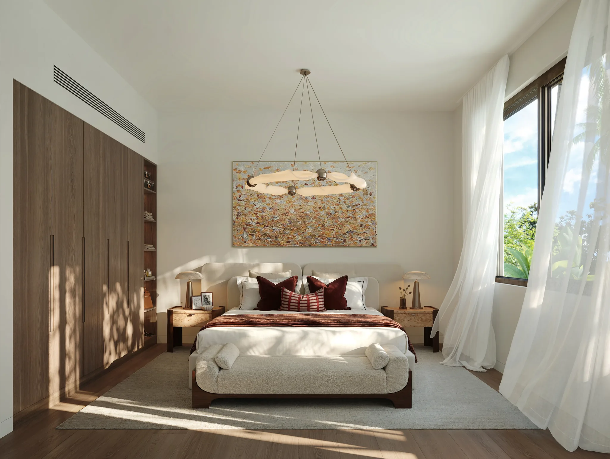 Architectural rendering of a bedroom in the dark interior scheme at The Orchids at Yas Acres