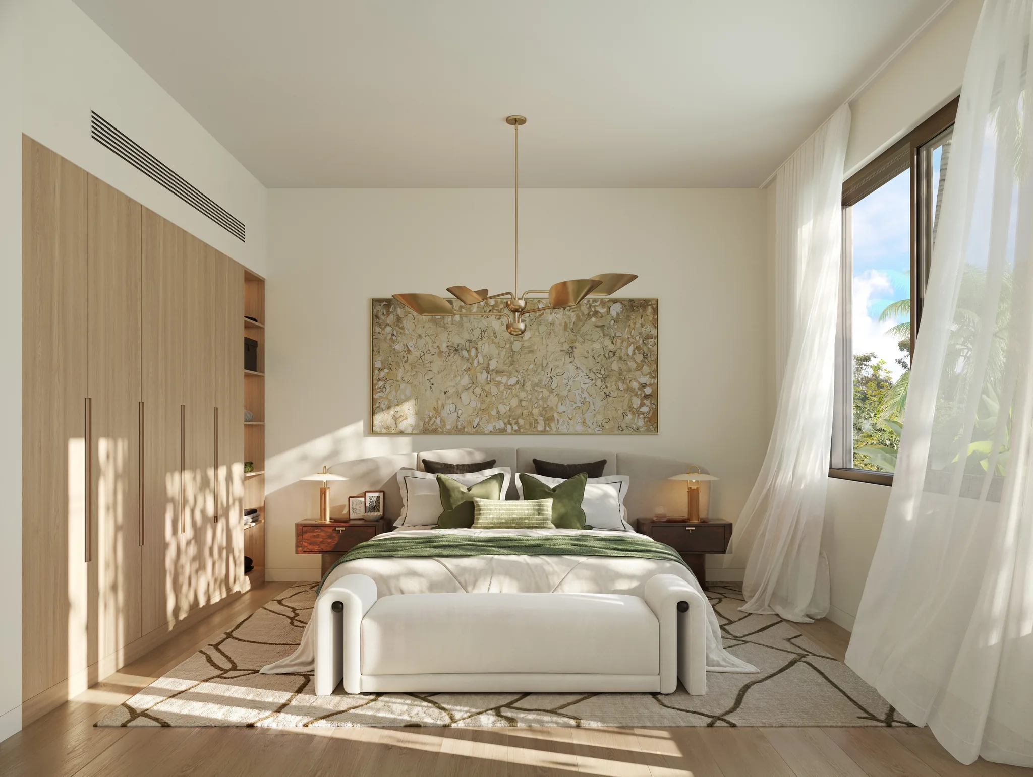 Architectural rendering of a bedroom in the light interior scheme at The Orchids at Yas Acres