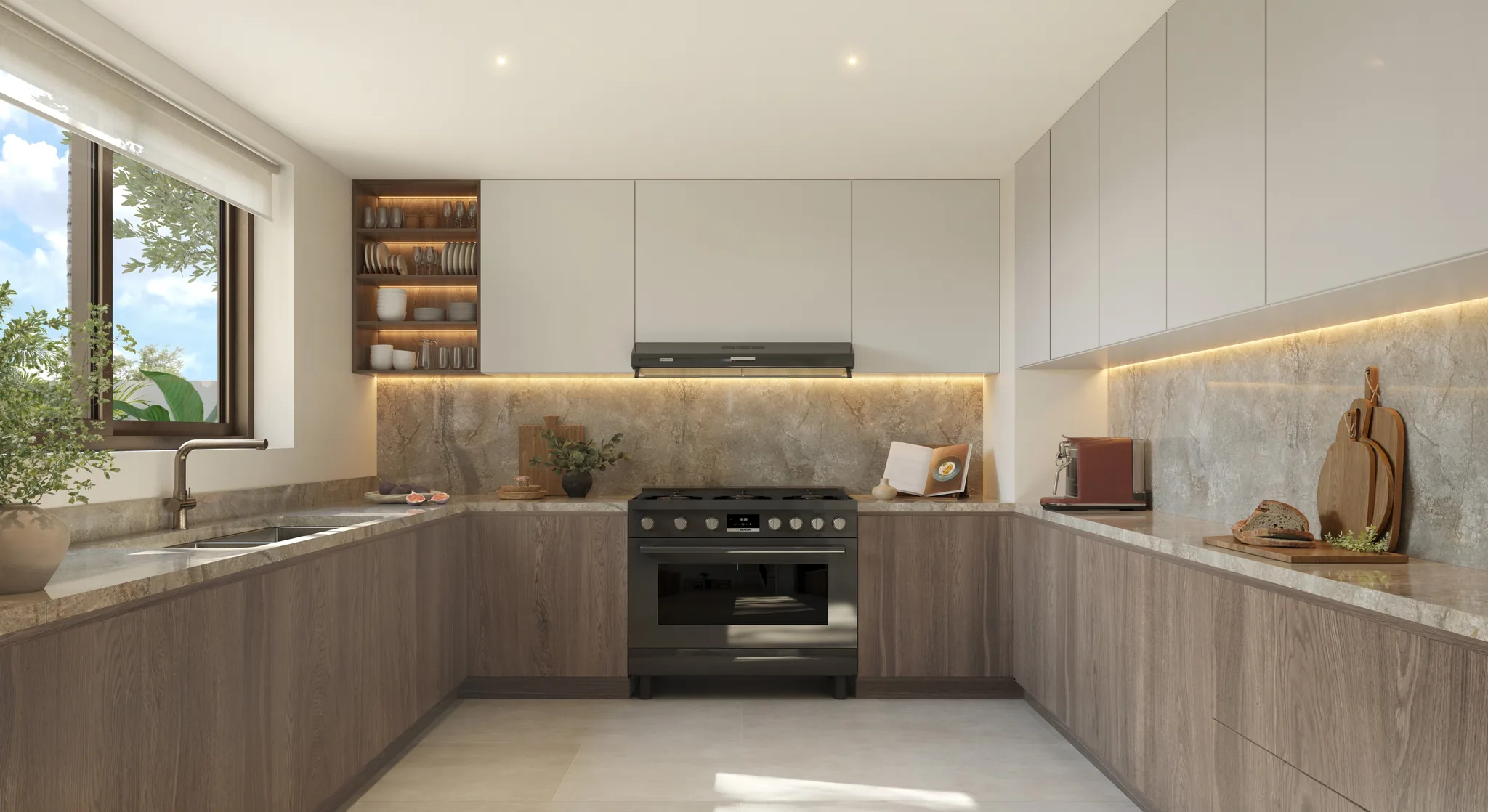 Architectural rendering of a kitchen in the dark interior scheme at The Orchids at Yas Acres