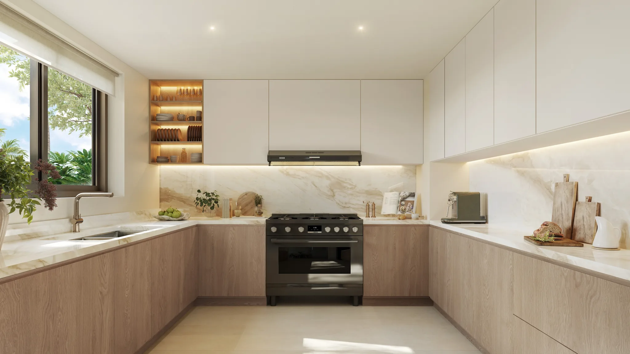 Architectural rendering of a kitchen in the light interior scheme at The Orchids at Yas Acres