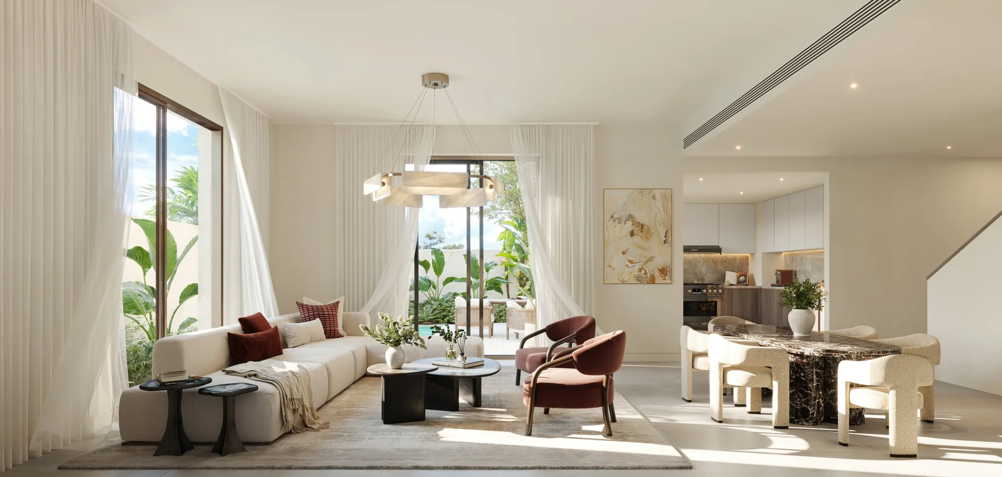 Wide architectural rendering of an open-plan living and dining room in the dark interior scheme at The Orchids