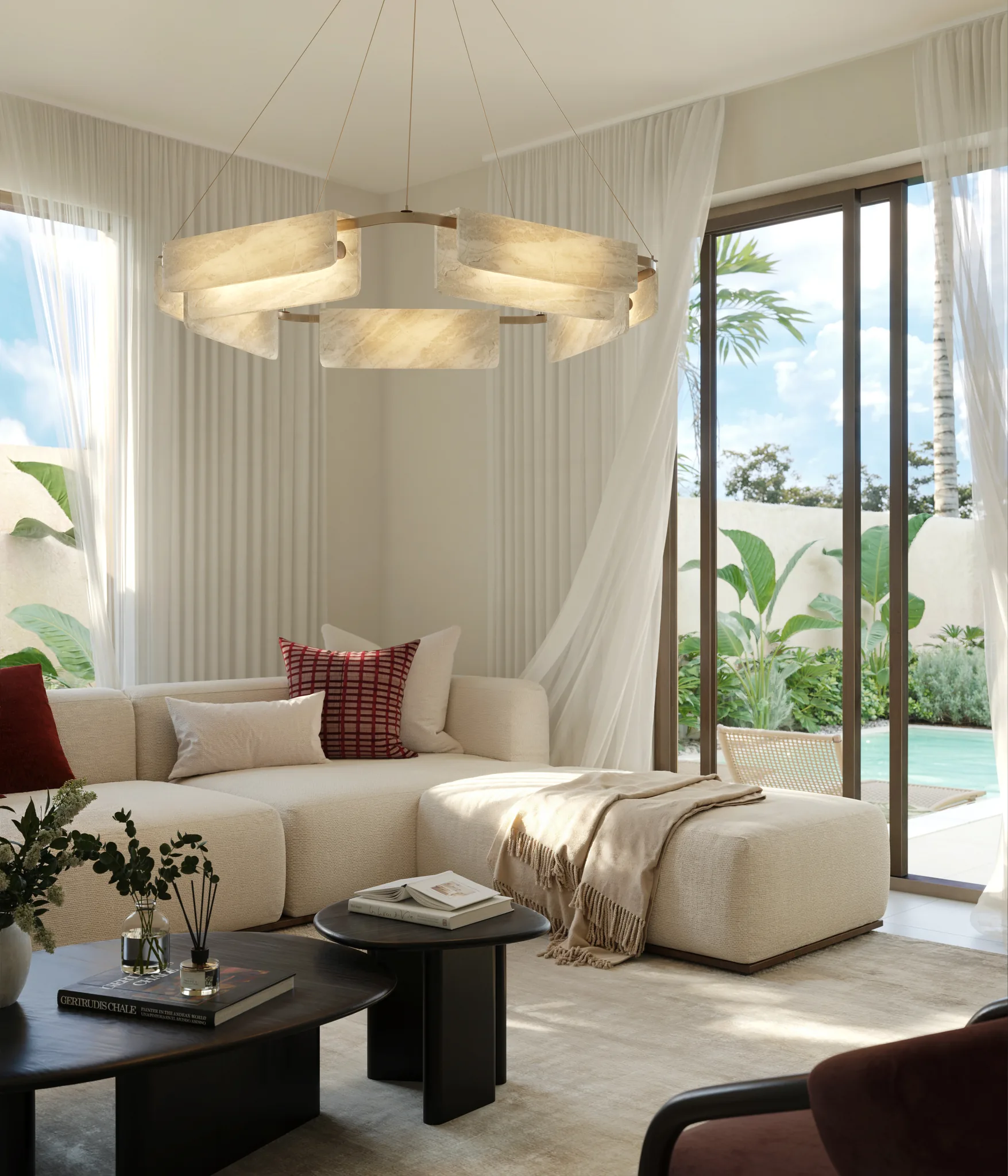 Architectural rendering of a dark-scheme living room opening to a private garden at The Orchids at Yas Acres