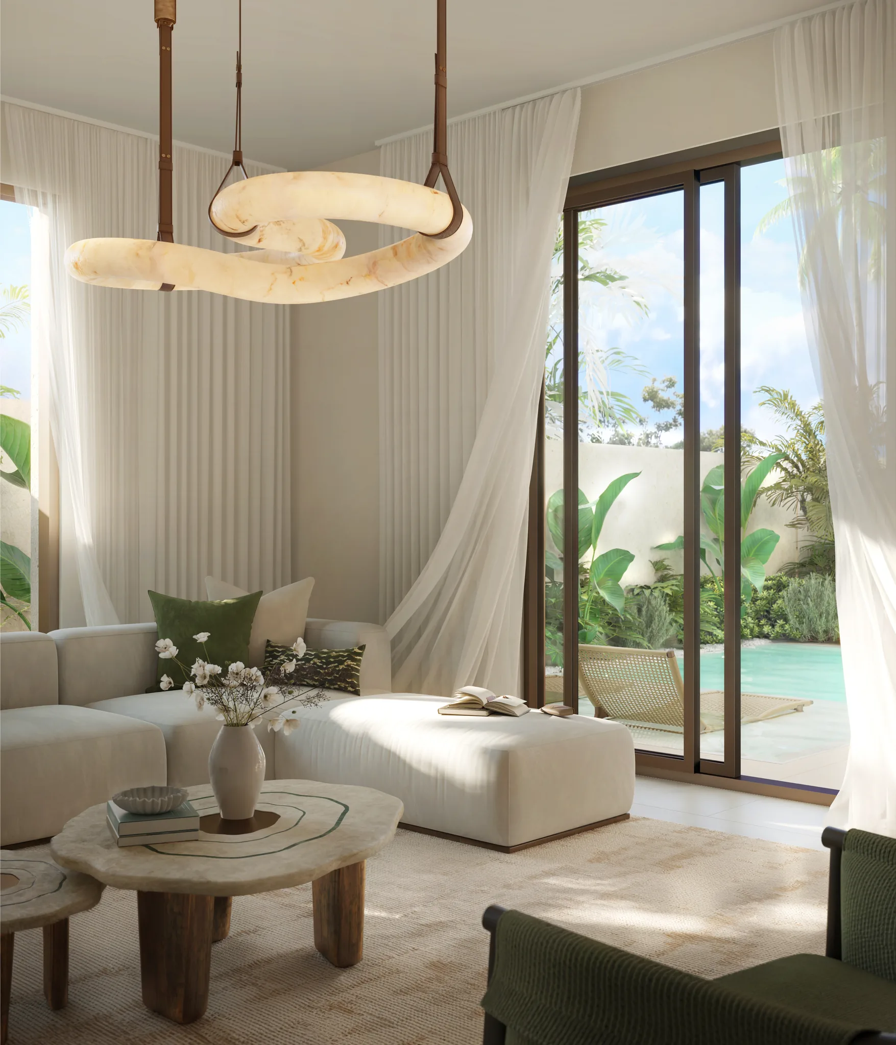 Architectural rendering of a light-scheme living room opening to a private garden at The Orchids at Yas Acres