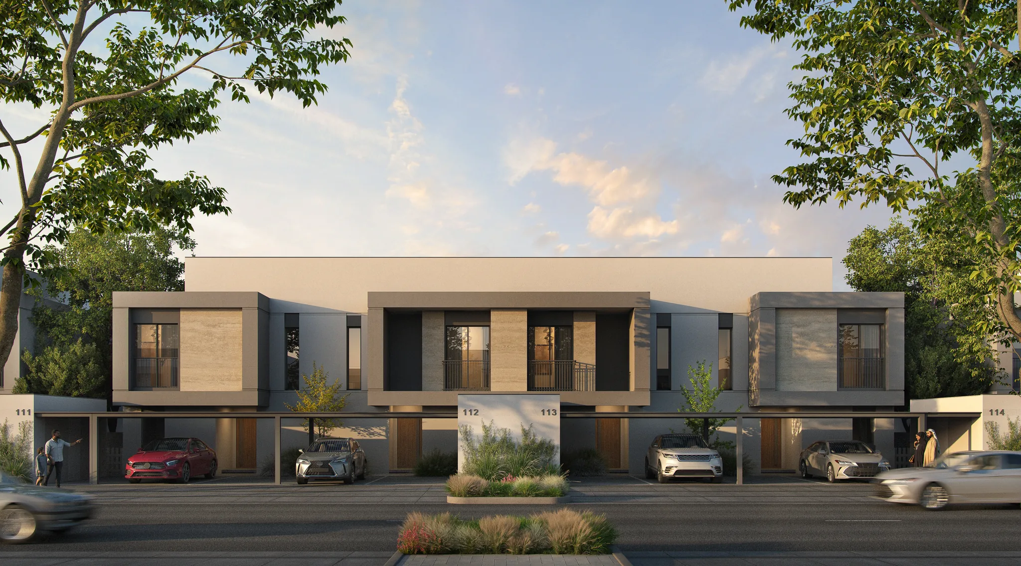 Architectural rendering of four townhouses with covered parking at The Orchids at Yas Acres