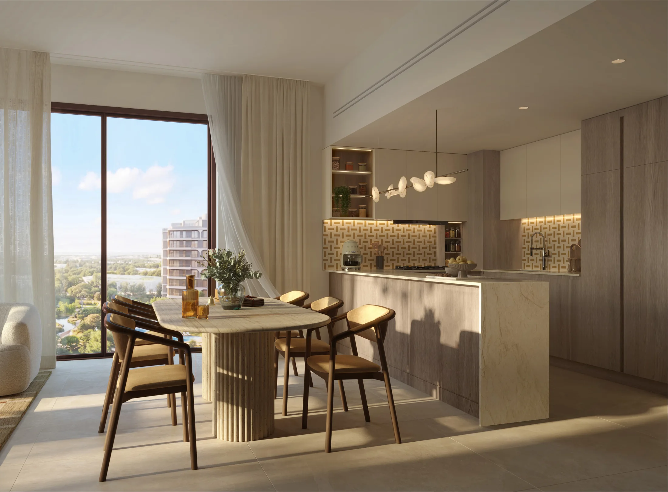 Architectural rendering of an apartment kitchen and dining area at The Canopies at Yas Point
