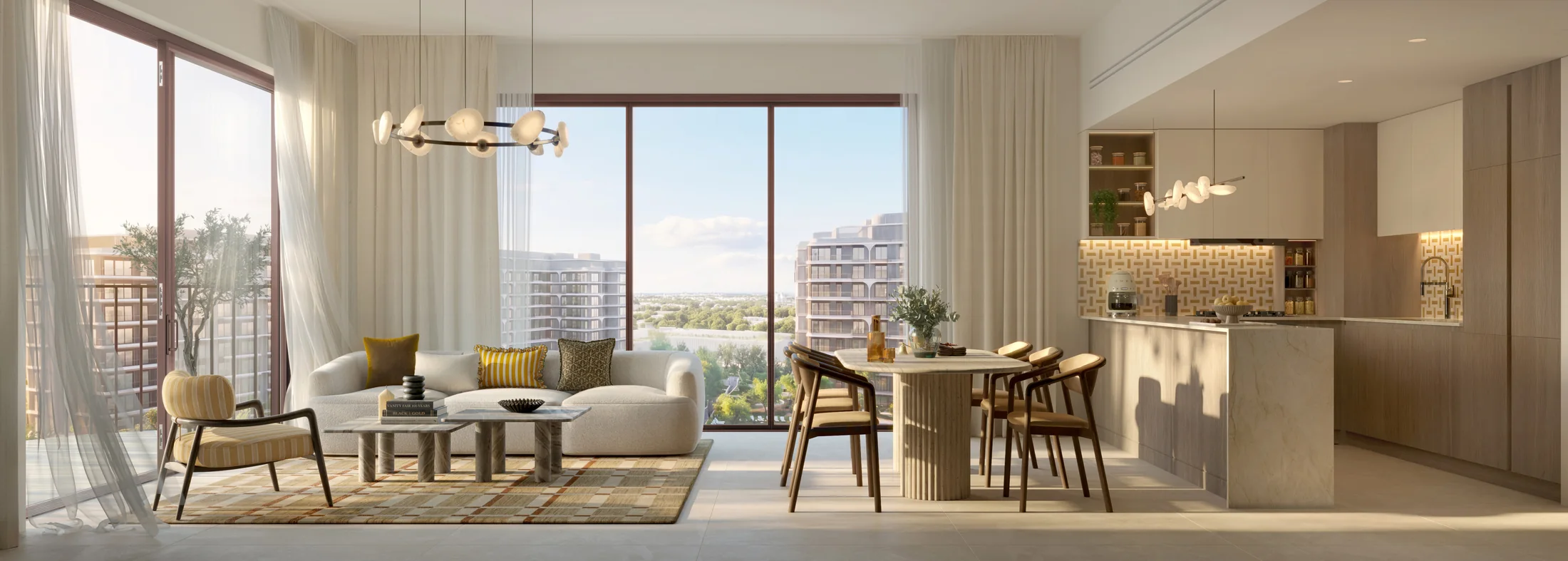 Architectural rendering of an apartment living and dining room at The Canopies at Yas Point