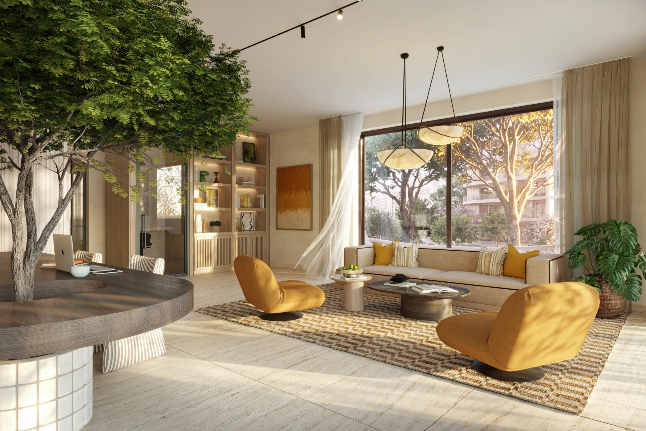 Architectural rendering of the planned coworking lounge at The Canopies at Yas Point