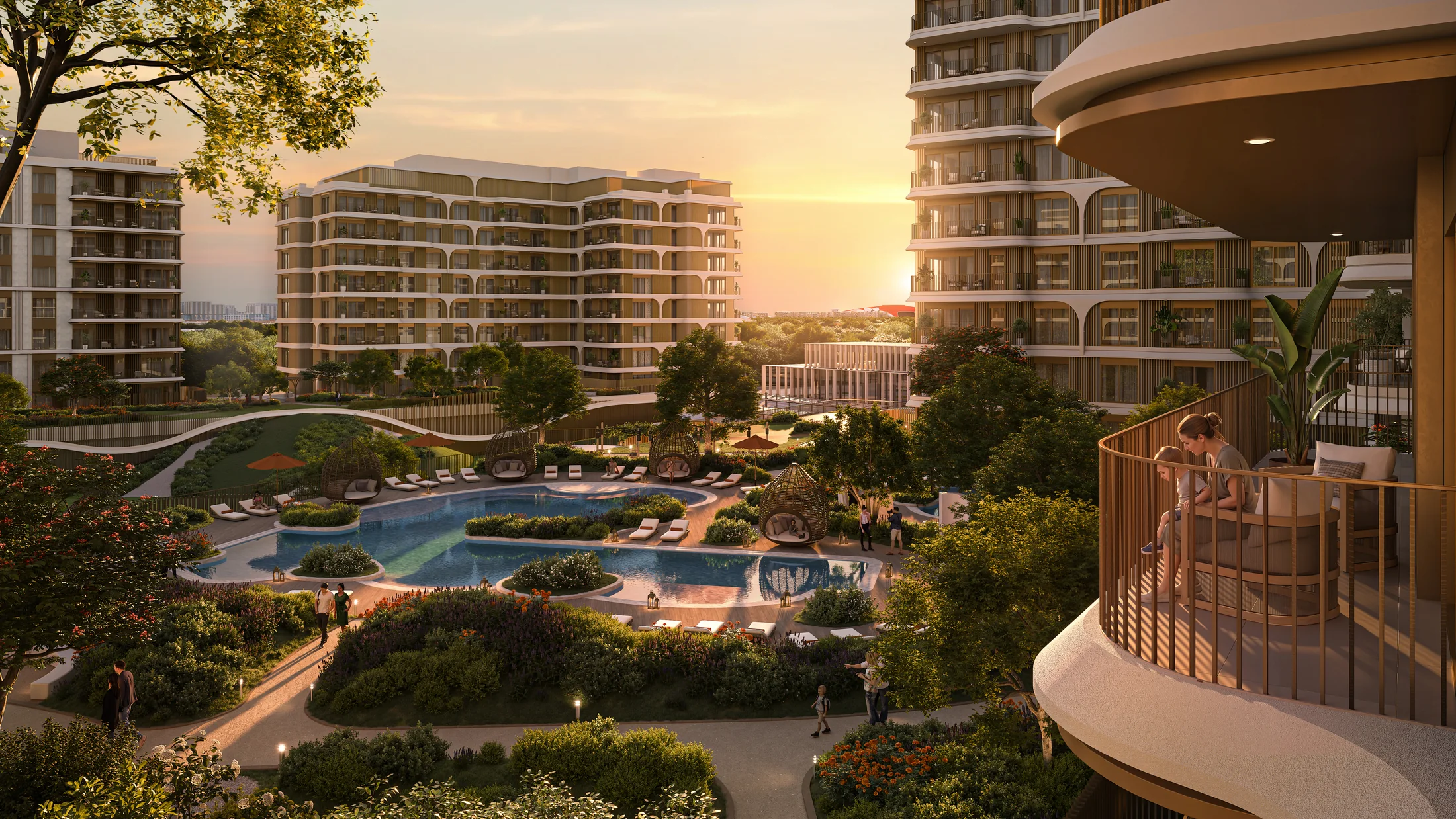 Architectural rendering of a resort-style pool at The Canopies at Yas Point at sunset